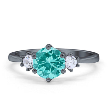 Three Stone Wedding Ring Round Black Tone, Simulated Paraiba Tourmaline CZ 925 Sterling Silver